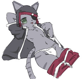 anthro asian_clothing belt black_clothing black_headdress black_kimono bottomwear bottomwear_down clothed clothing east_asian_clothing eye_patch eyewear fingers fundoshi fur grey_body grey_fur hand_behind_head japanese_clothing kimono looking_at_viewer lying male navel on_back open_clothing open_kimono pants pants_down partially_clothed red_bottomwear red_clothing red_pants simple_background solo tail tongue tongue_out underwear white_background white_belt white_clothing white_fundoshi white_underwear young young_anthro young_male sv23d bemani konami pop'n_music pop'n_music_9 kagetora_(pop'n_music) felid mammal pantherine tiger 2025 english_description