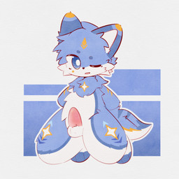anthro blue_body blue_eyes blue_fur blush digitigrade fluffy fur genitals heterochromia male open_mouth penis pink_penis presenting sitting solo spread_legs spreading tail white_body white_fur yellow_eyes young young_male zodiaczang starrin canid canine canis mammal wolf hi_res