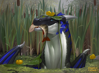 feral horn lily_pad male partially_submerged plant reeds smile solo water wings madness_demon mythology alym aquatic aquatic_dragon dragon fish mythological_creature mythological_scalie scalie