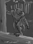 anthro claws forest forest_background fur glowing glowing_eyes holidays light male moonlight muscular nature nature_background no_pupils nude open_mouth outside plant shadow sharp_teeth solo teeth tree wwbot halloween mythology canid canine mammal mythological_canine mythological_creature werecanid werecanine werecreature werewolf 2013 dated greyscale hi_res monochrome signature