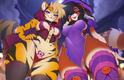 5_fingers anthro biped black_hair breasts brown_body brown_fur brown_hair brown_tail bulge claws clothed clothed_anthro clothed_female clothed_gynomorph clothed_intersex clothing cloud countershade_torso countershading duo erection female finger_claws fingers front_view fur gynomorph hair intersex legwear moon navel night orange_body orange_fur orange_tail outside panties sky small_waist smile standing star tail thick_thighs thigh_highs underwear wide_hips amarihel alecza_kolypsov matty_the_pabbit ailurid felid mammal pantherine red_panda tiger 2025 absurd_res digital_drawing_(artwork) digital_media_(artwork) hi_res