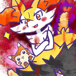 ambiguous_anthro ambiguous_gender anthro biped blush blush_stickers crossed_arms duo dutch_angle food front_view looking_at_viewer looking_down looking_down_at_viewer object_in_tail open_mouth shrimp_(food) simple_background snout standing tail annyui0611 nintendo pokemon braixen canid furret generation_2_pokemon generation_6_pokemon mammal pokemon_(species) 1:1 2025 digital_drawing_(artwork) digital_media_(artwork) hi_res japanese_description portrait three-quarter_portrait translated_description