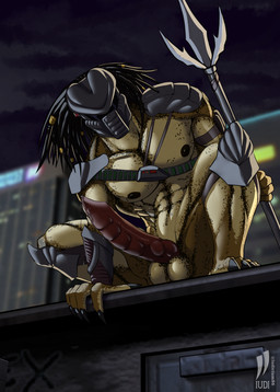anthro armor balls city crouching dreadlocks erection genitals male mask melee_weapon muscular muscular_male night nipples outside penis polearm ridged_penis solo spear unconvincing_armor weapon iudicium86 predator_(franchise) alien yautja hi_res