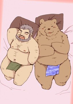 anthro asian_clothing belly blue_clothing blue_fundoshi blue_underwear brown_body brown_fur clothing duo east_asian_clothing eyes_closed fundoshi fur green_clothing green_fundoshi green_underwear japanese_clothing kemono male male/male moobs nipples overweight overweight_human overweight_male pillow underwear snow_utamaru bear human mammal 2015
