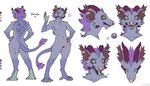 anthro breasts female genitals green_eyes hair horn nipples purple_hair purple_horn pussy small_breasts solo standing text lostgoose mammal hi_res model_sheet