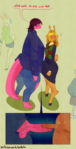 anthro antlers anus balls big_penis blonde_hair blush butt bystander clothed clothing duo erection erection_under_clothing freckles genitals gynomorph gynomorph/gynomorph hair horn humanoid_genitalia humanoid_penis intersex intersex/intersex penile penis public purple_body speech_bubble tail text ombwie deltarune undertale_(series) noelle_holiday susie_(deltarune) deer mammal new_world_deer reindeer reptile scalie digital_media_(artwork) english_text hi_res