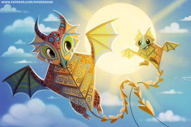 ambiguous_gender black_eyes cloud duo fangs horn kite membrane_(anatomy) membranous_wings open_mouth outside size_difference sky spade_tail string sun tail teeth text wings piper_thibodeau mythology animate_inanimate dragon mythological_creature mythological_scalie scalie digital_media_(artwork) digital_painting_(artwork) painting_(artwork) url