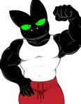 anthro armpit_hair biceps black_body black_fur blush bodily_fluids body_hair bottomwear clothing fur green_eyes male muscular muscular_male pants pecs sharp_teeth shirt smile solo sweat sweatpants tank_top teeth topwear vein veiny_muscles whiskers oyasmis cartoon_network mao_mao:_heroes_of_pure_heart sheriff_mao_mao_mao domestic_cat felid feline felis mammal hi_res