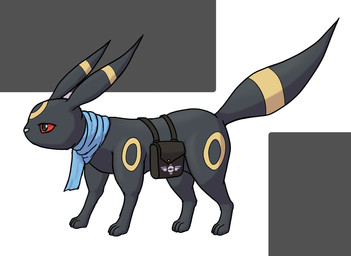 ambiguous_gender black_body black_eyes black_fur blue_scarf feral fur grey_background markings mouthless narrowed_eyes pouch_(clothing) red_sclera ring_(marking) scarf simple_background solo tail white_background yellow_body yellow_fur harker_(artist) nintendo pokemon pokemon_mystery_dungeon spike_chunsoft eeveelution generation_2_pokemon pokemon_(species) umbreon hi_res