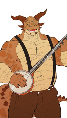 anthro banjo_(instrument) bottomwear clothed clothing eyes_closed happy male muscular musical_instrument navel overweight overweight_male pants playing_music plucked_string_instrument smile solo string_instrument tail topless lhjal2 mythology dragon mythological_creature mythological_scalie scalie hi_res