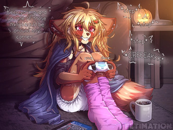 5_fingers accessory anthro bedding beverage biped blanket blonde_hair bra candy chocolate choker clean_diaper clothed clothing coffee_mug container controller cup dessert detailed_background diaper end_table eyebrows eyelashes female fingers food fur furniture game_controller gaming hair hair_accessory hairclip holding_controller holding_object hot_chocolate humanoid_hands inner_monologue inside jack-o'-lantern jewelry lamp logo long_hair long_socks marshmallow motion_lines mug necklace onomatopoeia partially_clothed pillow playing_video_game playstation_controller pointy_speech_bubble popcorn rug scared shirt short_comic sitting sitting_on_ground sitting_on_rug sofa solo sound_effects speech_bubble steam table teeth text thinking topwear underwear whisker_spots fetimation capcom playstation playstation_4 resident_evil sony_corporation sony_interactive_entertainment arya_(fetimation) ailurid mammal red_panda 2025 4:3 artist_logo colored comic detailed digital_media_(artwork) english_text