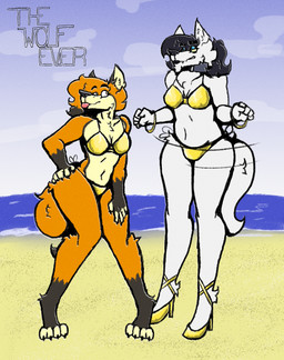 anthro beach bikini bikini_bottom bikini_top black_body black_fur blep blue_eyelids blue_eyes bottomwear brown_eyes chest_tuft clothing cloud collar dancing duo facial_tuft female footwear fur gloves_(marking) gold_bikini gold_heels hair hand_on_hip hip_sway leaning markings multicolored_body multicolored_fur orange_body orange_fur orange_hair orange_tail pointy_ears purple_hair sand shoes sky swimwear tail teeth tongue tongue_out topwear tuft two-piece_swimsuit water white_body white_fur white_tail wide_hips yellow_body yellow_fur yellow_sclera thewolfever golden_week jolene_jones kira_mckenzie canid canine canis fox mammal wolf 2026 digital_drawing_(artwork) digital_media_(artwork) hi_res trans_(lore) trans_woman_(lore)