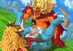 abs anal anthro balls blonde_hair blue_body blue_skin bodily_fluids cum duo genital_fluids genitals hair humanoid_genitalia humanoid_penis male male/male muscular muscular_anthro muscular_male non-mammal_balls orange_body orange_skin pecs penis tail pandarita bushiroad future_card_buddyfight mythology drum_bunker_dragon qinus_axia dragon mythological_creature mythological_scalie scalie absurd_res hi_res