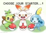 ambiguous_gender feral grass group holding_object holding_pokeball leaf outside plant pokeball standard_pokeball starter_trio text trio mono_land nintendo pokemon elemental_creature flora_fauna generation_8_pokemon grookey lagomorph mammal pokemon_(species) primate reptile scalie scorbunny sobble 2019 english_text