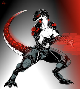 anthro armor crime cybernetics cyberpunk glowing hacking looking_back machine male solo standing azurian lizard reptile scalie absurd_res hi_res
