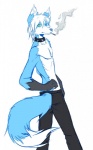 anthro blue_eyes cigarette dipstick_tail green_eyes hair heterochromia male markings pose simple_background smoke smoking solo tail tail_markings white_background koorimizu wolfy_(chaoticicewolf) canid canine canis mammal wolf hi_res