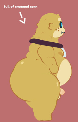 anthro balls belly big_belly big_butt blue_eyes butt cartoon_freckles collar fangs flaccid fluffy foreskin freckled_face freckles fur genitals humor joke male overweight overweight_male penis solo teeth yellow_body yellow_fur nutpillow evil_container prince_glibbon_(nutpillow) alien hi_res meme