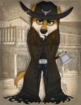 alternative_fashion anthro axe chibi clothing cowboy cowboy_hat goth hat hatchet headgear headwear male melee_weapon solo weapon western thehuntingwolf aussie bundadingy bundy canid canine canis dingo mammal digital_media_(artwork) full-length_portrait hi_res portrait