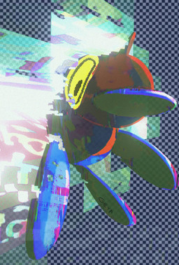 ambiguous_gender beak big_eyes big_head breaking_the_fourth_wall checkered checkered_background digital_transformation foreshortening glitch hologram looking_at_viewer not_furry pattern_background phasing simple_background solo tail through_screen yellow_eyes geta_(artist) nintendo pokemon digital_creature generation_4_pokemon glitch_creature pokemon_(species) porygon-z 2023 film_grain hi_res