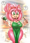 5_fingers accessory amy_rose anthro apron apron_only big_breasts bodily_fluids breasts cleavage clothed clothing container cup curvy_figure dual_holding eulipotyphlan female fingers green_apron green_clothing green_eyes hair hair_accessory hairband hedgehog hi_res holding_container holding_cup holding_object holding_pen i_mean_breast_milk left-handed mammal meme michiyoshi mostly_nude pen pink_body pink_hair question_mark sega solo sonic_the_hedgehog_(series) speech_bubble standing sweat sweatdrop thick_thighs voluptuous wide_hips writing_utensil