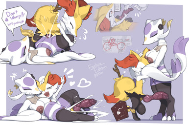 anthro areola balls biped bodily_fluids breasts cum cum_in_vagina cum_inside duo female female_penetrated fur genital_fluids genitals knot larger_female looking_pleasured male male/female male_penetrating nipples open_mouth penetration penis sex size_difference smaller_male smile vulva yellow_body zinfyu nintendo pokemon braixen generation_5_pokemon generation_6_pokemon mienshao pokemon_(species) absurd_res hi_res