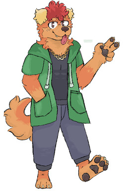 ambiguous_gender anthro black_clothing black_shirt black_topwear blush blush_lines bottomwear brown_eyes chain clothed clothing fully_clothed fur gesture gold_(metal) gold_chain green_clothing green_sweater green_topwear grey_bottomwear grey_clothing grey_pants hair hand_gesture hand_in_pocket looking_at_viewer male orange_body orange_fur orange_tail pants pawpads pockets red_hair shirt short_hair simple_background smile solo sweater tail tongue tongue_out topwear v_sign white_background yellow_ears kounvark dallas_(comatt) bird_dog canid canine canis domestic_dog golden_retriever hunting_dog mammal retriever 2:3 absurd_res digital_media_(artwork) hi_res pixel_(artwork)