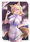 big_breasts blonde_hair breasts clothed clothing colored_nails fangs female hair heart_symbol holding_object inner_ear_fluff nails navel open_mouth pink_nails pupils ribbons side_slit slit_pupils solo teeth tight_clothing tuft vial yellow_eyes fumitsuki touhou tsukasa_kudamaki animal_humanoid canid canid_humanoid canine canine_humanoid fox_humanoid humanoid mammal mammal_humanoid hi_res