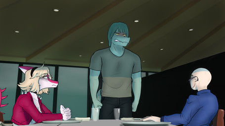 angry anthro bald biped black_bottomwear black_clothing black_pants blonde_hair blue_clothing blue_eyes blue_jacket blue_topwear blush bottomwear breasts choker clenched_teeth clothed clothed_anthro clothed_female clothed_human clothed_male clothing eyewear female fingers fist green_body green_hair grey_clothing grey_eyes grey_shirt grey_topwear group hair humanoid_hands inside jacket jewelry looking_at_another looking_down male male/female medium_hair necklace non-mammal_breasts open_clothing open_jacket open_topwear pants pink_body plate red_clothing red_jacket red_topwear restaurant shirt sitting spiked_tail spikes spikes_(anatomy) sunglasses tail teeth topwear trio white_body white_clothing white_shirt white_topwear wide_eyed yellow_sclera areloch cavemanon_studios i_wani_hug_that_gator inco_(iwhtg) mark_(iwhtg) mia_moretti baryonyx dinosaur hadrosaurid human mammal ornithischian ornithopod parasaurolophus prehistoric_species reptile saurischian scalie spinosaurid theropod 16:9 colored hi_res shaded widescreen