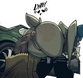 anthro anus bent_over blue_eyes blue_hair bottomwear bottomwear_down butt car clothed clothing feces feces_in_ass female freckled_butt freckles genitals hair pants pants_down partially_clothed pooping pooping_in_bag pooping_in_container reddened_butt solo teeth underwear underwear_down vehicle vulva rammylamb lagomorph leporid mammal rabbit hi_res