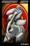 anthro big_breasts breasts butt dart_gun female looking_back nipples nude pose purple_eyes ranged_weapon smile solo text weapon alex_spastic disney zootopia judy_hopps lagomorph leporid mammal rabbit english_text pinup