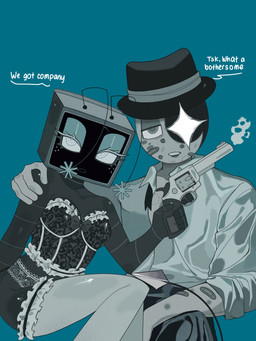 angry band-aid bandage clothing corset duo fedora female garter_belt garter_straps gun handgun hat headgear headwear interrupted interrupted_sex kiss_mark lingerie lipstick looking_at_viewer makeup male male/female not_furry ranged_weapon revolver topwear weapon itsmayumi2 dandy's_world astro_(dandy's_world) vee_(dandy's_world) toons_(dandys_world) 3:4 hi_res