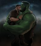 arm_around_shoulders beard big_muscles big_pecs black_hair blush bottomwear carrying_another carrying_partner clothed clothing dopq duo embrace eyes_closed facial_hair green_body hair hi_res holding_partner hug human human_on_humanoid humanoid humanoid_pointy_ears interspecies intimate kissing larger_humanoid larger_male male male/male mammal muscular muscular_humanoid muscular_male nipples open_clothing open_topwear open_vest orc pants pec_grab pecs romantic romantic_couple shirt size_difference smaller_human smaller_male topwear tusks vest