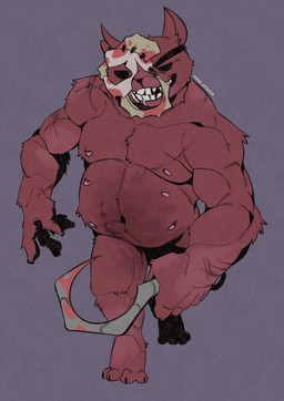 6_nipples abdominal_bulge abdominal_scar anthro belly belly_fur big_belly big_hands black_eyebrows black_eyes blood blood_on_mask bodily_fluids bulge butcher claws crooked_teeth darkened_perineum drool_on_face drooling eyebrows fat_belly fur hook male markings mask multi_nipple muscular muscular_arms muscular_male navel nipples nude nude_male red_body saliva scar short_fur simple_background skin_mask solo spots spotted_body spotted_fur teeth walking walking_towards_viewer minel_anteater domestic_cat felid feline felis mammal hi_res