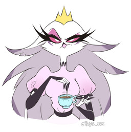 4_fingers anthro beak belt clothed clothing container crown cup dress eyelashes feather_hair feathers female fingers frown fully_clothed hair headgear holding_container holding_cup holding_object holding_tea_cup long_eyelashes long_hair looking_at_viewer pink_sclera pseudo_hair simple_background solo stirring tea_cup text twitter_handle white_background white_eyes peyg_sus hellaverse helluva_boss stella_(helluva_boss) avian bird owl owl_demon 2026 absurd_res artist_name half-length_portrait hi_res portrait