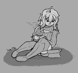bedding blanket clothed clothing cozy hair steam tablet tablet_computer pseudokym animal_humanoid cat_humanoid domestic_cat felid felid_humanoid feline feline_humanoid felis humanoid mammal mammal_humanoid 2023 clip_studio_paint_(artwork) digital_media_(artwork) monochrome sketch
