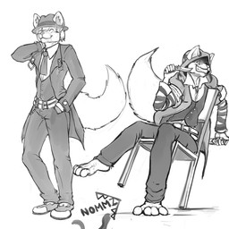 anthro belt bottomwear chain_jewelry clothing cosplay duo fedora fur gloves grin hair handwear hat headgear headwear hood knife leaning_on_chair legwear male necktie pants shirt smile spats suit suit_jacket tail tight_clothing topwear nommz arc_system_works blazblue fan_character hazama_(blazblue) shard_artel canid canine cheshire_cat_(species) domestic_cat felid feline felis fox hybrid mammal 1:1 greyscale hi_res monochrome