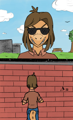 anthro blind blue_sky bob_cut bottomwear brick brick_wall brown_body brown_hair brown_scales clothing day denim denim_bottomwear denim_clothing disability eyewear female front_view hair jeans oblivious outside pants park scales sharp_teeth shirt short_hair sky smile solo sunglasses teeth topwear wall_(structure) jacket_ignites third-party_edit blind_date_(iwhtg_mod) cavemanon_studios i_wani_hug_that_gator bianca_(bybuckett) dinosaur dromaeosaurid prehistoric_species reptile saurischian scalie theropod 2024 color_edit colored comic hi_res
