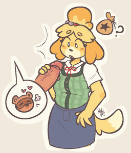 anthro bell blush bottomwear clothed clothing duo female genitals green_clothing handjob heart_symbol male male/female penile penis sex skirt speech_bubble surprised tail tight_clothing yellow_body mikifluffs animal_crossing nintendo isabelle_(animal_crossing) tom_nook_(animal_crossing) canid canine canis domestic_dog mammal raccoon_dog tanuki aliasing digital_media_(artwork)