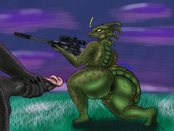 anthro black_body detailed_background duo female genitals green_body gun kneeling looking_at_another male male/female nude on_one_knee penis penis_grab ranged_weapon rifle weapon yellow_eyes dakar3 epic_games fortnite mythology synthesis_(fortnite) thunder_(fortnite) dragon komodo_dragon lizard monitor_lizard mythological_creature mythological_scalie reptile scalie 4:3 absurd_res hi_res