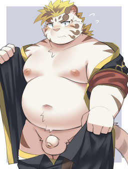 anthro balls belly big_belly clothed clothing flaccid foreskin genitals humanoid_genitalia humanoid_penis kemono larger_but_small male micropenis moobs nipples overweight overweight_male partially_clothed penis simple_background small_penis solo standing unretracted_foreskin white_body ptcmtr lifewonders tokyo_afterschool_summoners licho_(tas) felid mammal pantherine tiger 2026 absurd_res hi_res