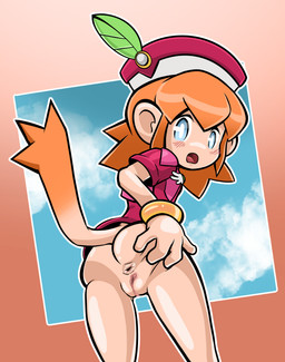 anus blush bottomless butt butt_focus clothed clothing embarrassed female genitals looking_at_viewer partially_clothed presenting presenting_anus presenting_hindquarters presenting_vulva solo spread_butt spreading surprised vulva nixtnya bandai_namco klonoa_(series) lolo_(klonoa) animal_humanoid haplorhine humanoid mammal mammal_humanoid monkey monkey_humanoid primate primate_humanoid hi_res