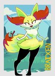 ambiguous_gender anthro cloud fur grass inner_ear_fluff looking_at_viewer outside plant red_eyes solo stick stick_in_tail tail tuft yellow_body yellow_fur painternewg nintendo pokemon braixen generation_6_pokemon pokemon_(species) hi_res