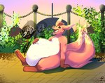 ambiguous_gender ambiguous_prey anthro belly big_belly bodily_fluids building burping male male_pred open_mouth outside plant rumbling_stomach sitting sitting_on_ground squirming vore wildside final_fantasy square_enix canid canine mammal ruby_carbuncle 2020