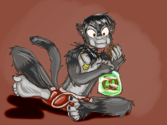 after_transformation anthro bulge clothed clothing eating eating_food eye_scar facial_scar feet food foot_focus full_pad jewelry male neck_tuft necklace paws pretzel_(food) scar solo species_transformation topless transformation tuft underwear underwear_only lazertooth ra'deer haplorhine mammal monkey primate 2015 4:3