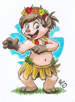accessory anthro barefoot blue_eyes brown_hair clothed clothing feet flower flower_in_hair front_view glistening glistening_eyes gloves_(marking) grass hair hair_accessory logo looking_at_viewer male markings navel open_mouth open_smile outside plant red_tongue short_hair smile solo standing tongue topless young young_anthro young_male pandapaco mammal porcupine rodent artist_logo full-length_portrait portrait signature traditional_media_(artwork)