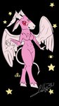 absurd_res anthro baphomet_(deity) bovid breasts caprine deity demon female fur hi_res horn mammal pink_body pink_fur red_eyes shakewell-before-use simple_background solo spade_tail spread_wings tail wings