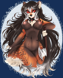 anthro areola axe biped black_hair blood bodily_fluids breasts chest_tuft collar drooling female fur gem hair half-closed_eyes highlights_(coloring) inner_ear_fluff looking_at_viewer melee_weapon multicolored_hair narrowed_eyes navel nipples nude red_eyes ruby_(gem) saliva simple_background solo standing teeth transparent_background tuft two_tone_hair weapon white_highlights wide_hips myett-wrath ailurid mammal red_panda alpha_channel hi_res portrait three-quarter_portrait