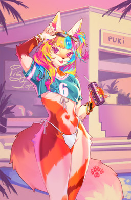accessory anthro beverage big_tail bikini breasts clothing crop_top energy_drink eyewear fangs female glasses hair long_ears multicolored_body open_mouth shirt solo swimwear tail teeth topwear two-piece_swimsuit under_boob rumeru grand_theft_auto gta_vi_cover_girl rockstar_(energy_drink) rockstar_games yusya_(loonvah) canid canine fox mammal colorful_theme hi_res