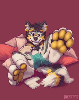 anthro clothing feet foot_focus fur looking_at_viewer male pawpads pillow reclining smile solo underwear mestisoart canid canine mammal hi_res