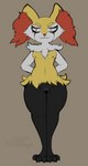 3_toes absurd_res alternate_version_at_source anthro black_body black_fur braixen breasts brown_background budge_(artist) canid canine cheek_tuft claws cute_fangs digital_media_(artwork) facial_tuft feet female fur generation_6_pokemon genitals hands_behind_back hi_res hip_tuft inner_ear_fluff looking_at_viewer makeup mammal mascara multicolored_body multicolored_fur neck_tuft nintendo nipples nonbinary_(lore) nude orange_body orange_eyes orange_fur orange_nose pink_nipples pokemon pokemon_(species) pussy running_makeup running_mascara signature simple_background small_breasts smile smirk solo standing teeth thick_thighs toe_claws toes tuft white_body white_fur wide_hips yellow_body yellow_fur yellow_teeth